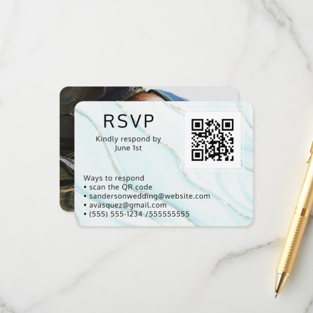 Carte D'accompagnement Blue Agate Wedding RSVP Online QR Code Photo (Devant/Arrière en situation)