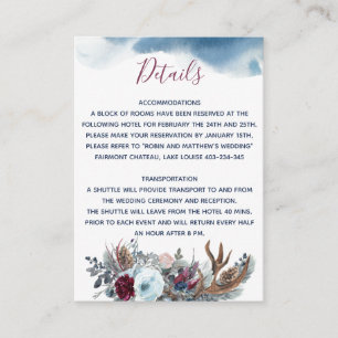 Carte D'accompagnement Blue and Burgundy Floral Détails Mariage Réception