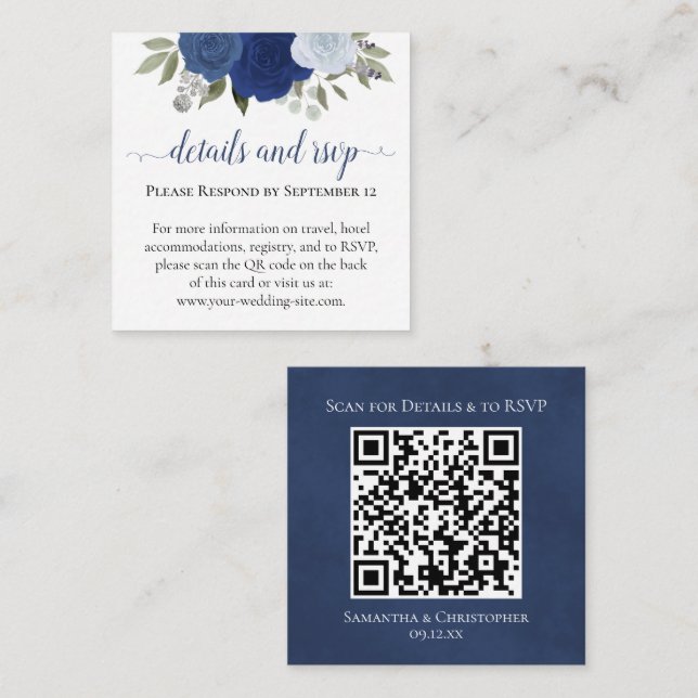 Carte D'accompagnement Blue Boho Rose Détails du Mariage & RSVP QR Code (Devant / Derrière)