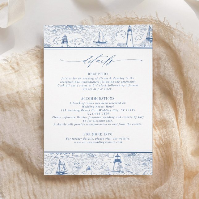 Carte D'accompagnement Blue Coastal Toile Wedding Details (Créateur téléchargé)