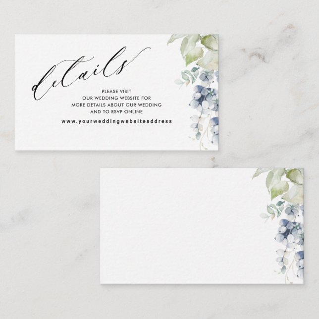 Carte D'accompagnement Blue Floral Elegant Wedding Website /Détails (Devant / Derrière)
