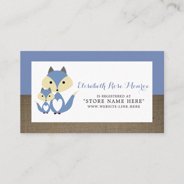 Carte D'accompagnement Blue Fox Burlap Baby shower Registre des cadeaux (Devant)