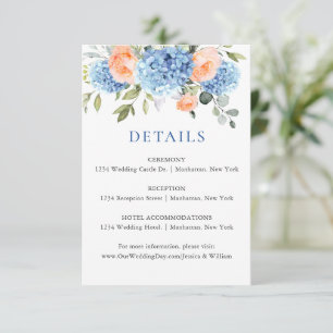 Carte D'accompagnement Blue Hydrangea Blush Rose Roses Détails du Mariage