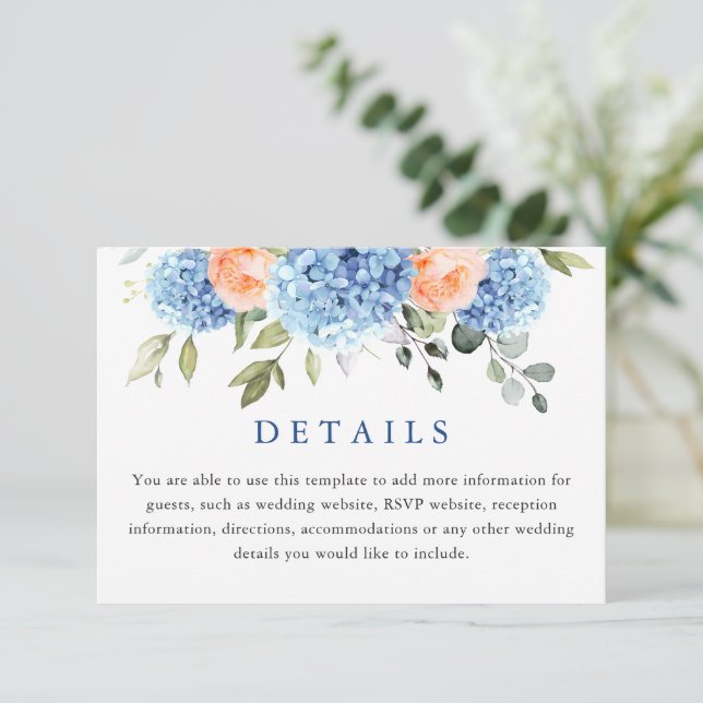 Carte D'accompagnement Blue Hydrangea Blush Rose Roses Détails du Mariage (Debout devant)