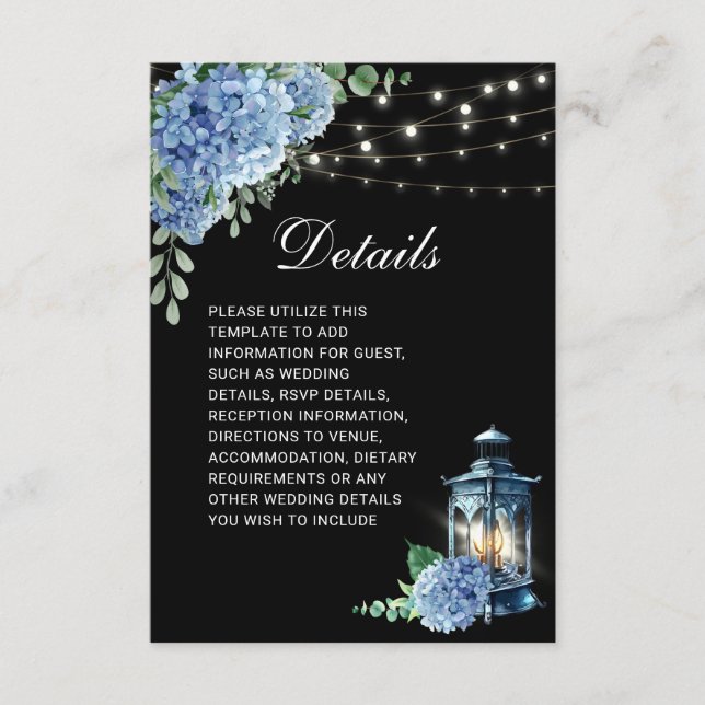 Carte D'accompagnement Blue Hydrangea Lanterne Black Boho Détails Mariage (Devant)
