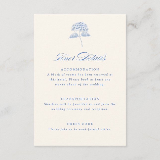 Carte D'accompagnement Blue Hydrangea Vintage Wedding Details (Devant)