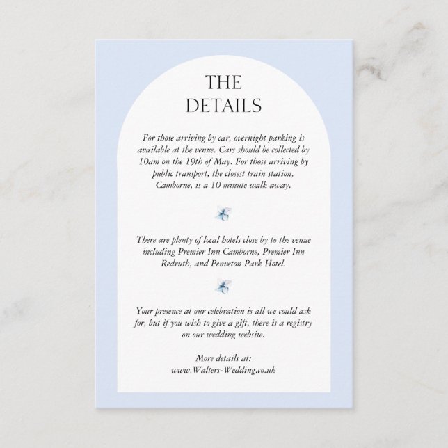 Carte D'accompagnement Blue Hydrangea Wedding Invite Details Card (Devant)