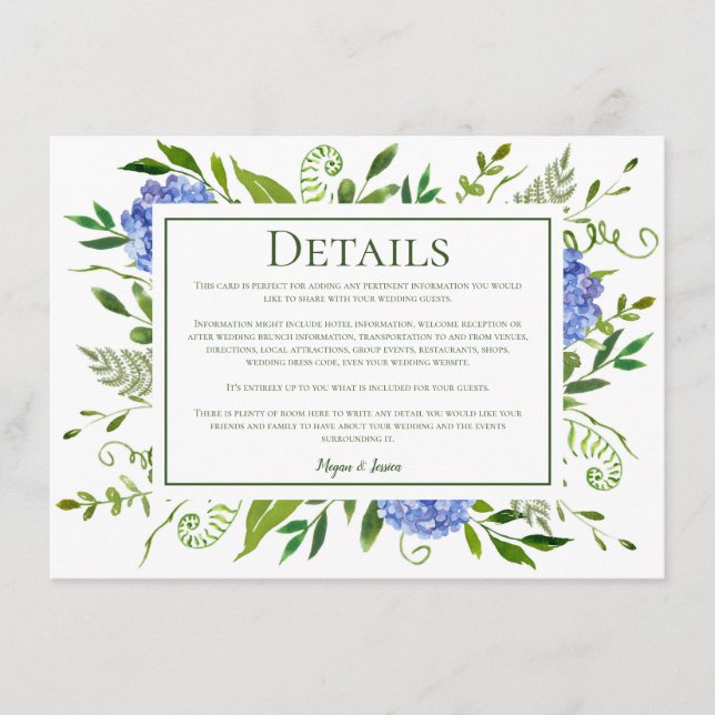Carte D'accompagnement Blue Hydrangeas Détails du Mariage (Devant)