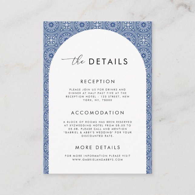 Carte D'accompagnement Blue Mediterranean Spanish Tile Détails du Mariage (Devant)