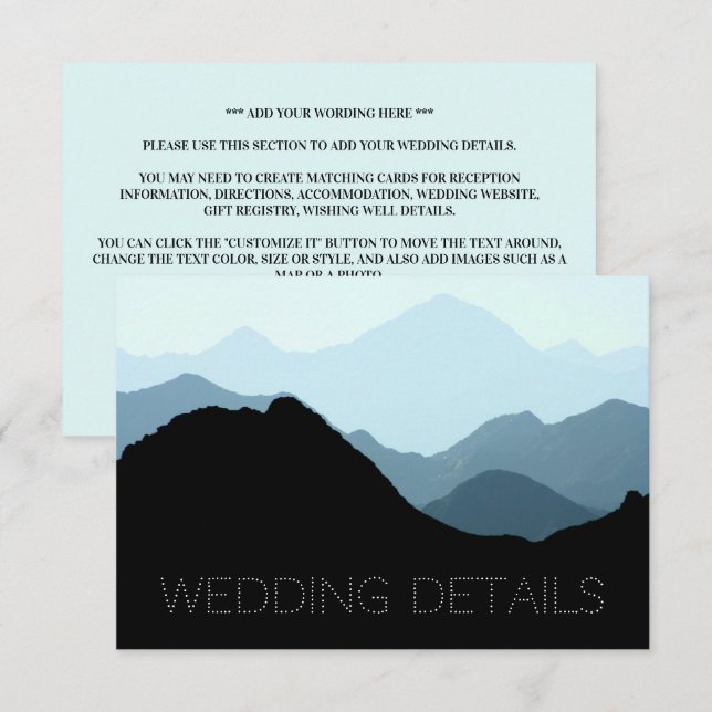 Carte D'accompagnement Blue Mountain Range, Rustic Mariage Détails (Devant / Derrière)