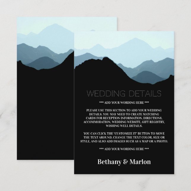 Carte D'accompagnement Blue Mountain Range, Rustic Mariage Détails (Devant / Derrière)