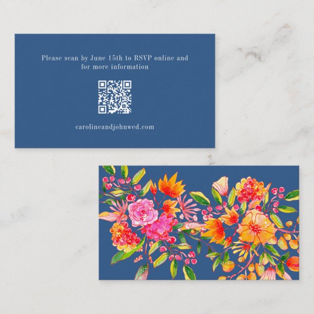 Carte D'accompagnement Blue Orange Floral Wedding RSVP Online QR Code (Devant / Derrière)