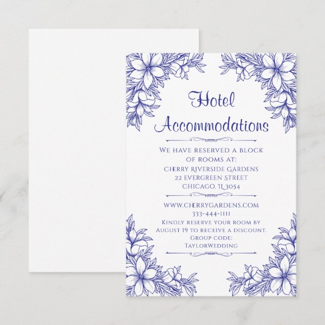 Carte D'accompagnement Blue Ornate Mariage Hôtel Hébergement (Devant / Derrière)