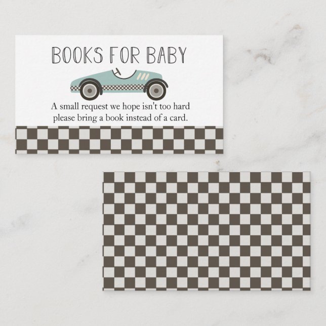Carte D'accompagnement Blue Race Car Baby shower Livres pour bébé (Devant / Derrière)