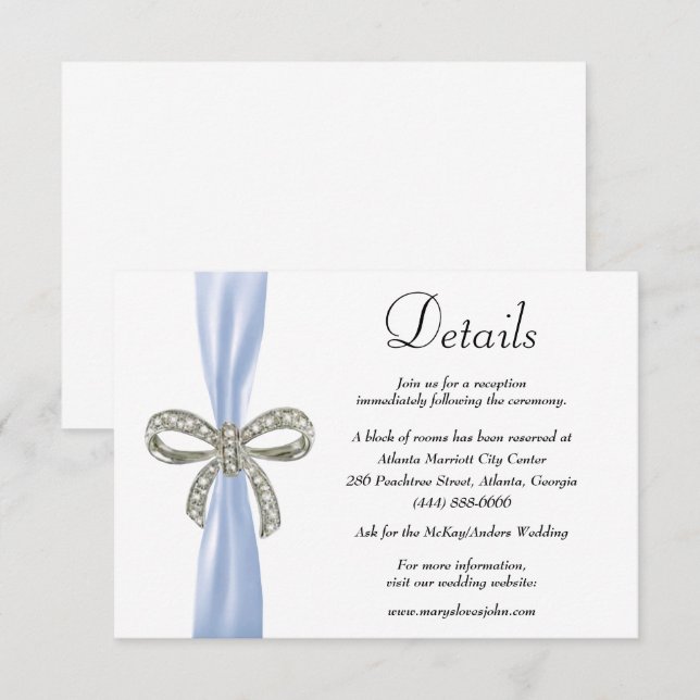 Carte D'accompagnement Blue Ribbon Diamond Bow Détails du Mariage (Devant / Derrière)