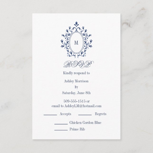 Carte D'accompagnement BLUE RSVP card Monogram With 2 Entree Choice (Devant)