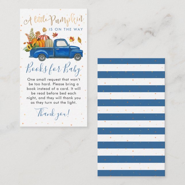 Carte D'accompagnement Blue Truck Fall Citrouille Baby showers Livres pou (Devant / Derrière)