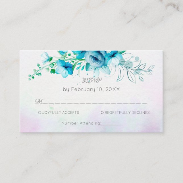 Carte D'accompagnement Blue turquoise fleurs vertes mariage floral RSVP (Devant)