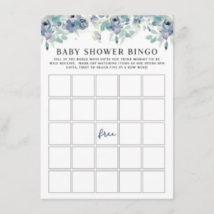 Carte D'accompagnement Blue Watercolor Floral Baby shower Bingo Game Card