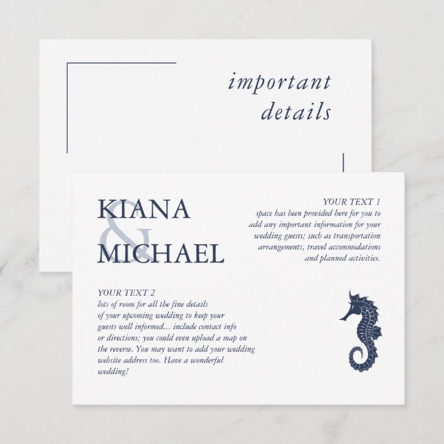 Carte D'accompagnement Blue Wave Seahorse Détails du Mariage ID836 (Devant / Derrière)