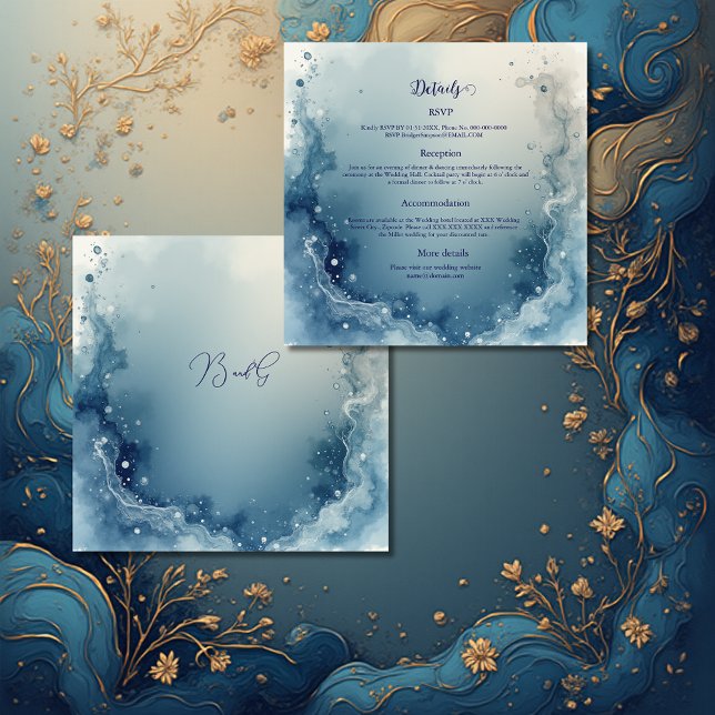 Carte D'accompagnement blue white Dreamy coastal marble ink wedding (Créateur téléchargé)