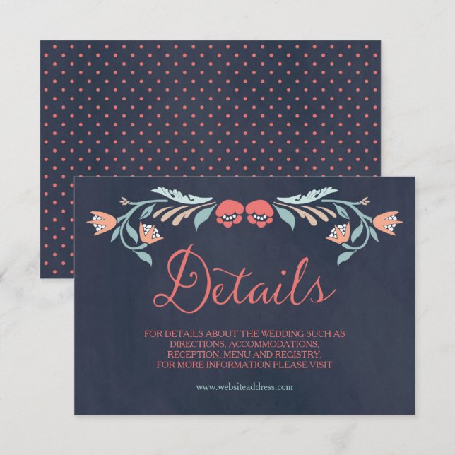 Carte D'accompagnement Bluish Chalkboard Elegant Floral Détails du Mariag (Devant / Derrière)