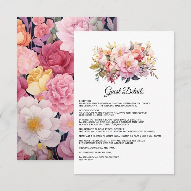 Carte D'accompagnement Blush and Gold Floral Mariage Détails sur l'invité (Devant / Derrière)