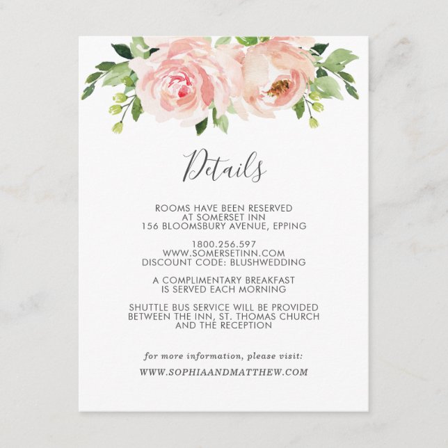 Carte D'accompagnement Blush Floral Mariage Informations sur l'invité (Devant)