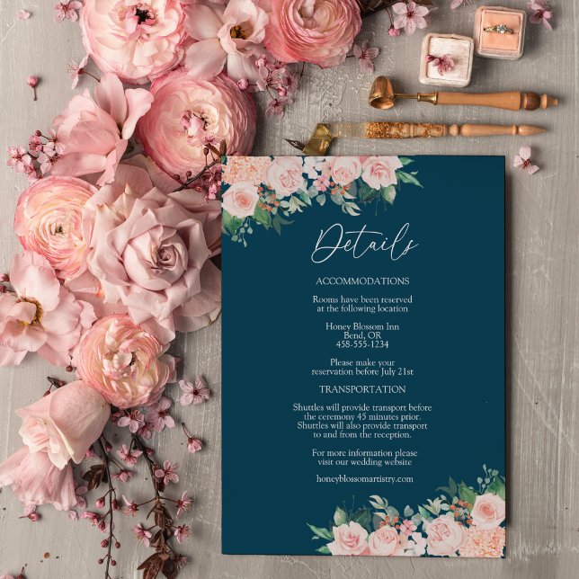 Carte D'accompagnement Blush Floral Simple Navy Détails du Mariage (Créateur téléchargé)