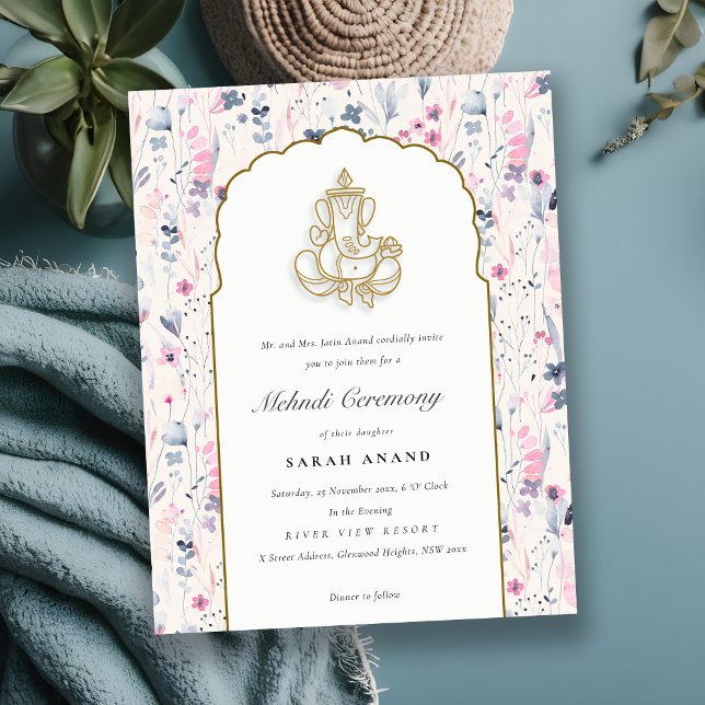 Carte D'accompagnement Blush Gold Floral Ganesh Mariage indien Mehndi (Créateur téléchargé)