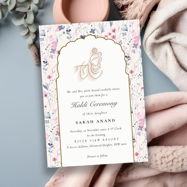 Carte D'accompagnement Blush Gold Floral Krishna Mariage indien Haldi (Créateur téléchargé)
