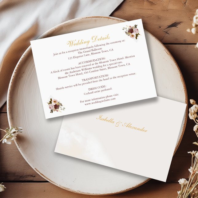 Carte D'accompagnement Blush Peony & Gold Burgundy Floral Détails du Mari (Créateur téléchargé)