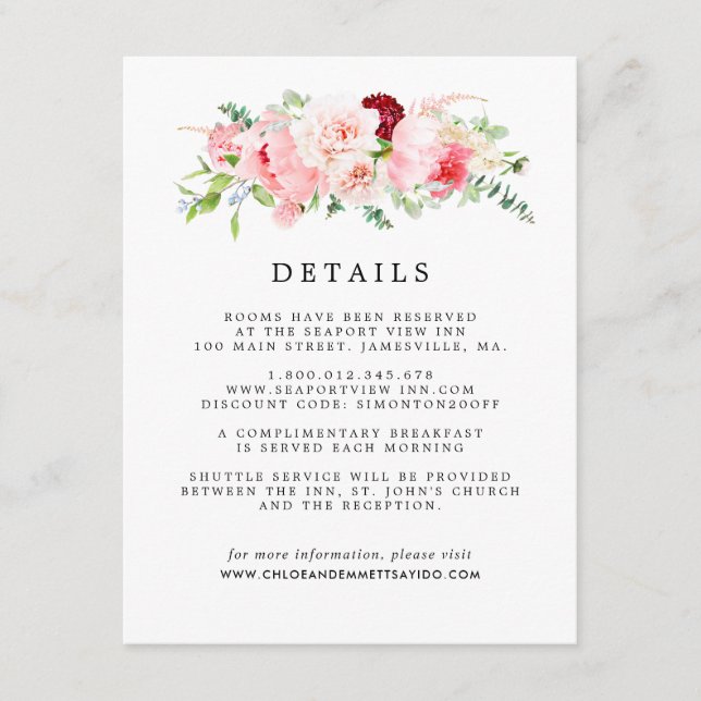 Carte D'accompagnement Blush Pink Floral Mariage Détails de l'invité (Devant)