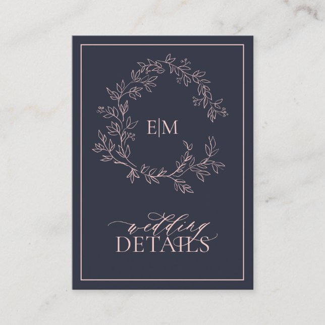 Carte D'accompagnement Blush Pink Navy Blue Monogram Détails du Mariage (Devant)