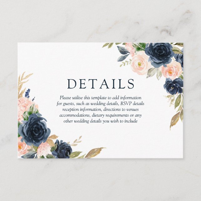 Carte D'accompagnement Blush Pink & Navy Elegant Spring Wedding Détails (Devant)