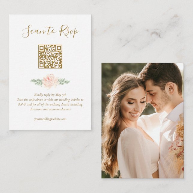 Carte D'accompagnement Blush rose Floral Budget QR Code RSVP (Devant / Derrière)