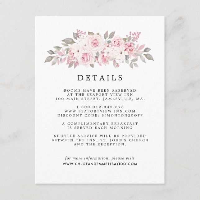 Carte D'accompagnement Blush Rose Floral Mariage Détails de l'invité (Devant)