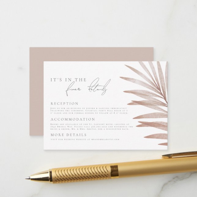 Carte D'accompagnement Bohemian Pampas Grass Détails du Mariage (Devant/Arrière en situation)