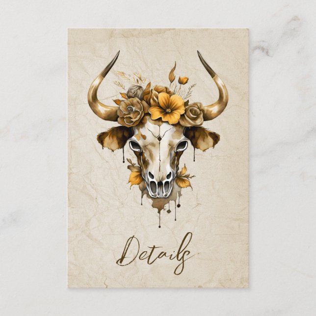 Carte D'accompagnement Boho Aquarelle Floral Vache Crâne Mariage QR code (Devant)