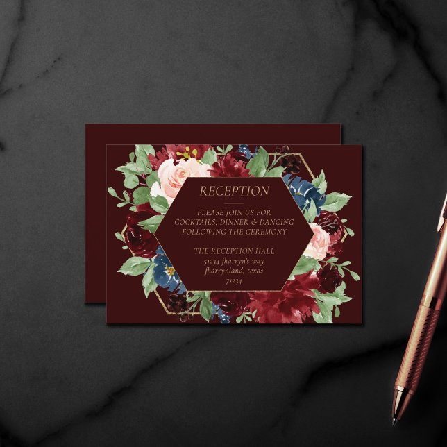 Carte D'accompagnement Boho Bloom | Dark Elegant Red Blush et Navy Blue (Créateur téléchargé)