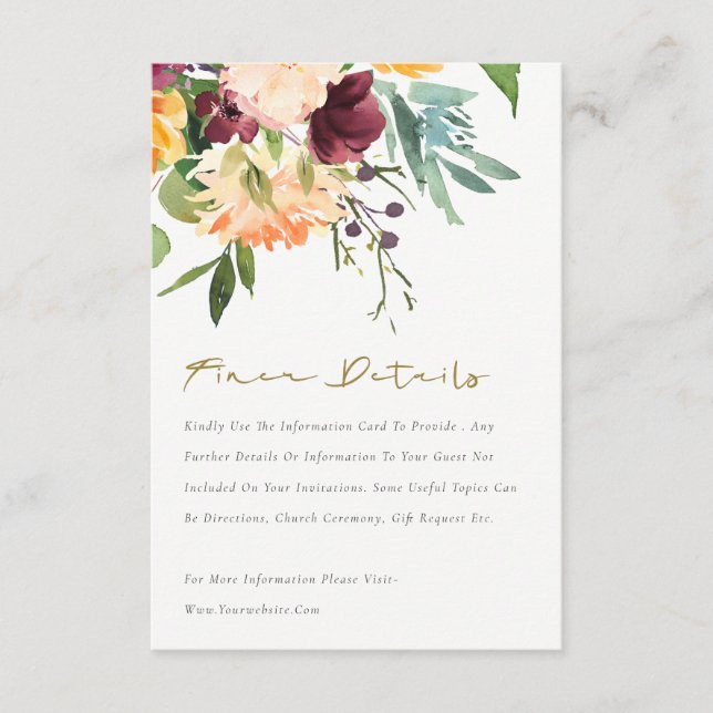 Carte D'accompagnement Boho Blush Jaune Orange Floral Mariage Détail (Devant)