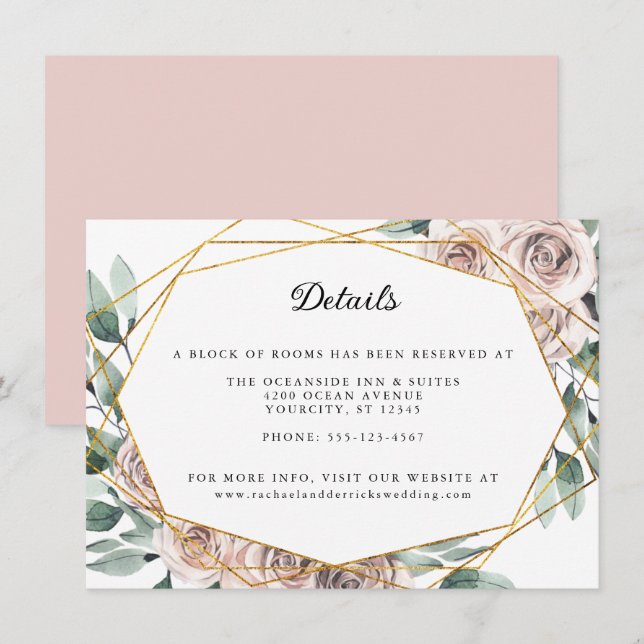 Carte D'accompagnement Boho Blush Rose Floral Geometry Détails du Mariage (Devant / Derrière)