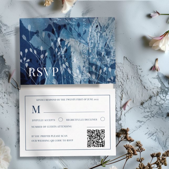 Carte D'accompagnement Boho Botanical Blue & White Wedding RSVP  (Créateur téléchargé)