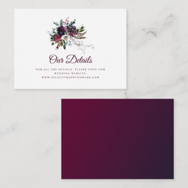 Carte D'accompagnement Boho Burgundy Floral Détails du Mariage (Devant / Derrière)