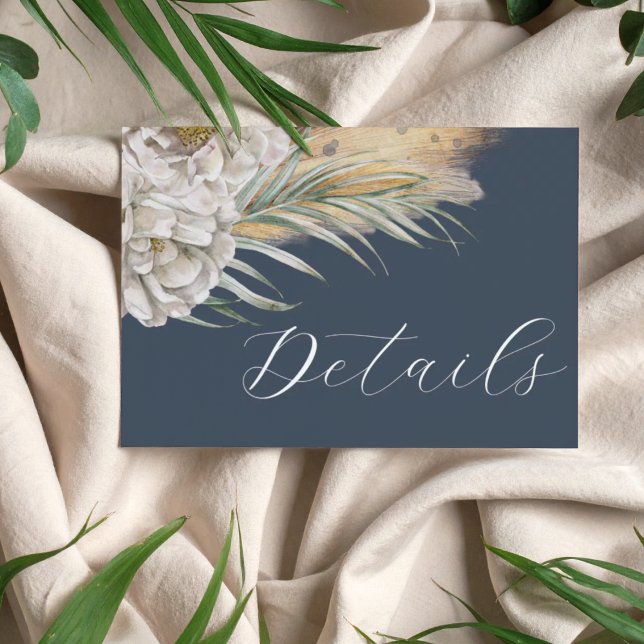 Carte D'accompagnement Boho Dark Blue Pampas Grass Wedding Details (Créateur téléchargé)