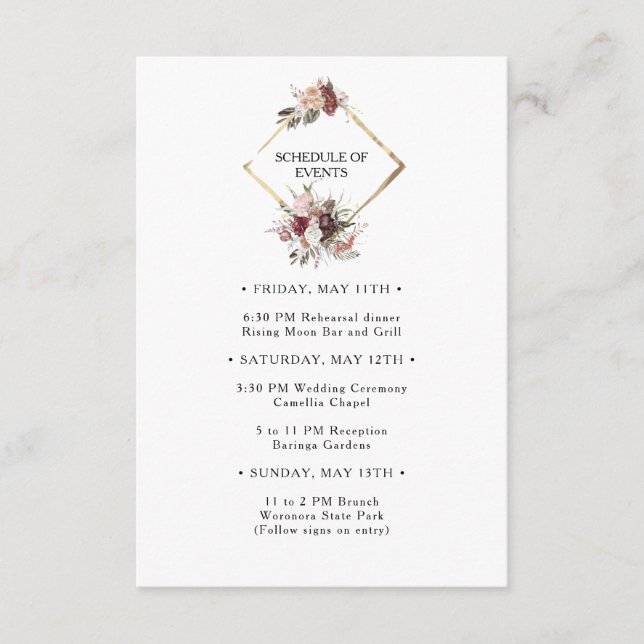 Carte D'accompagnement Boho de Bourgogne Floral Mariage Horaire des événe (Devant)