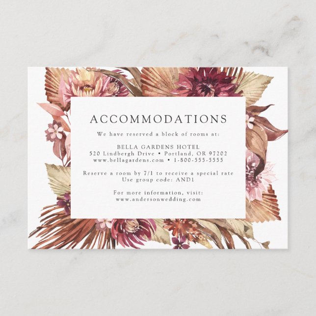 Carte D'accompagnement Boho Desert Floral Mariage Hôtel Hébergements (Devant)