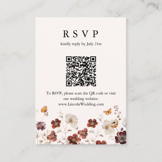 Carte D'accompagnement Boho Fall Florals Butfly Mariage QR Code RSVP (Devant)