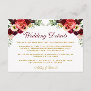 Carte D'accompagnement Boho Floral Bourgogne Détails du Mariage Insérer l