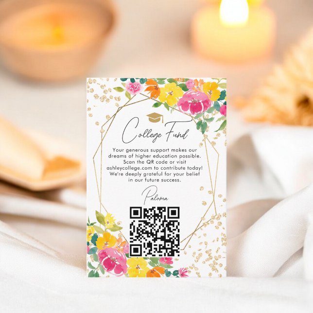 Carte D'accompagnement Boho Floral Gold Graduation QR College fonds (Boho Floral Gold Graduation QR College fund Enclosure Card)